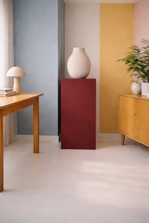 Dezelfde pilaar in bordeauxrood, in een kamer met blauwe en gele muren.