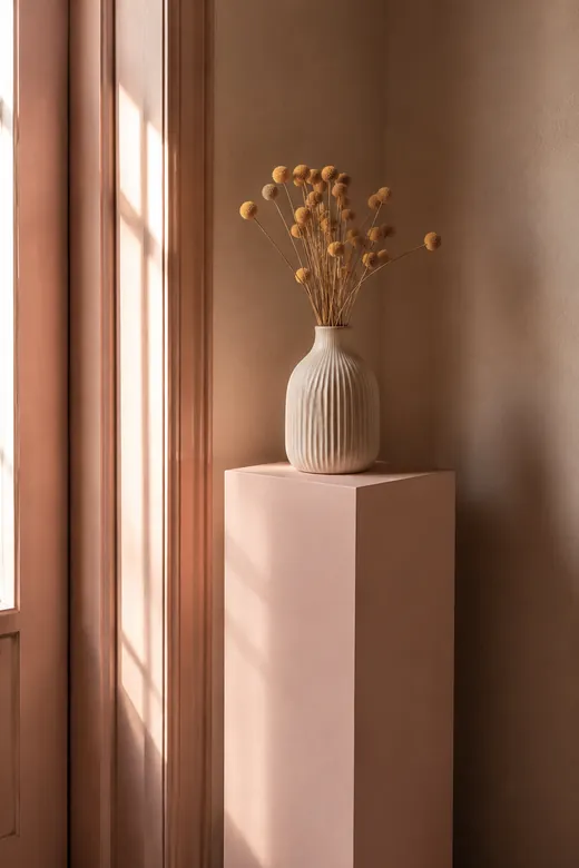Dezelfde pilaar in zacht roze, in een kamer met strijklicht.