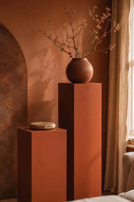Twee pilaren in terracotta, in twee hoogtes tegen een warme muur.