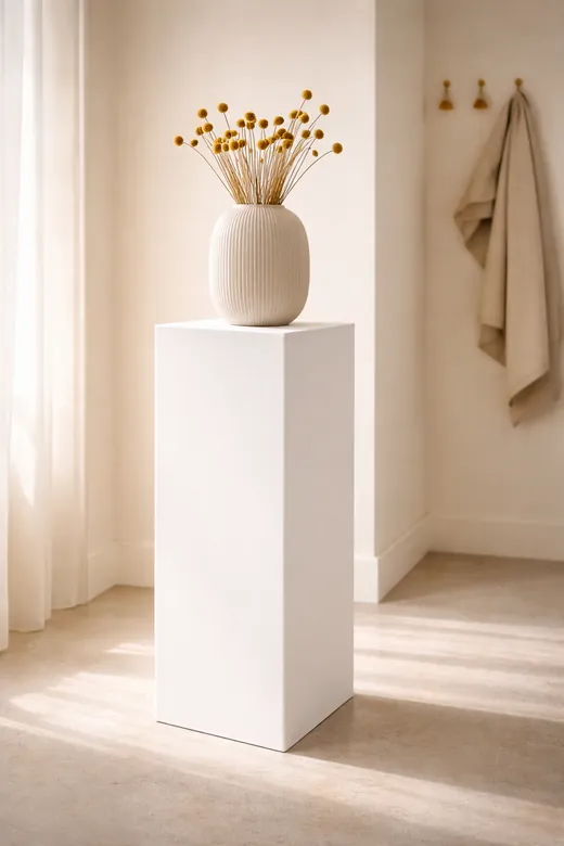 Dezelfde pilaar in het wit, in een lichte kamer met een vaas droogbloemen.